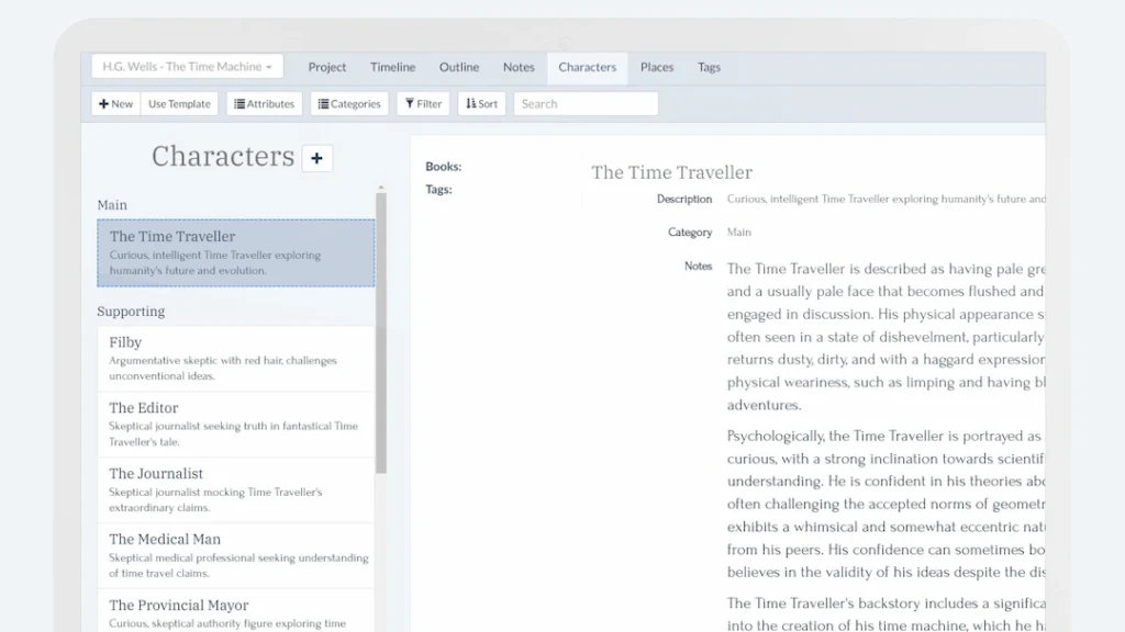 Storysnap book bible - character view example